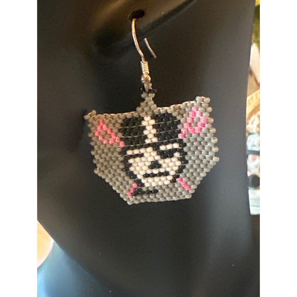 Handmade Seed Bead Skull and Crossbones Drop Earrings Grey Pink Black